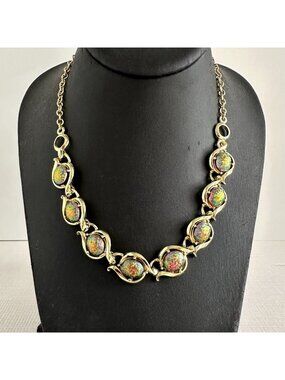 Gold Tone Iridescent Art Glass Cabochon Scroll Link Necklace, Mid-Century 1950s